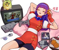  arm_behind_head arm_up asamiya_athena blush breasts cd_case chin_gentsai closed_eyes controller crt cushion dated dualshock earrings female fingerless_gloves food furby game_console game_controller gamepad gloves hair_ornament hairband hand_up holding holding_food jewelry kusanagi_kyou long_hair lying on_back oni_gini parted_lips playstation_1 playstation_controller pocketstation psycho_soldier purple_hair red_gloves red_hairband sie_kensou simple_background skirt sleeping smile solo star_(symbol) star_hair_ornament tamagotchi tamagotchi_(virtual_pet) television the_king_of_fighters the_king_of_fighters_&#039;98 toy 