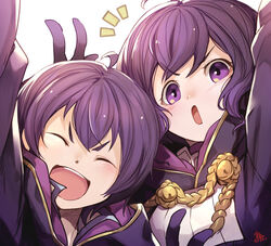  1boy black_hair closed_eyes female fire_emblem fire_emblem_awakening gloves highres hood hood_down morgan_(female)_(fire_emblem) morgan_(fire_emblem) morgan_(male)_(fire_emblem) nakabayashi_zun open_mouth purple_eyes short_hair simple_background upper_body white_background 