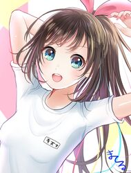  arms_up blue_eyes brown_hair character_name female gym_shirt highres kizuna_ai kizuna_ai_inc. long_hair materu_(2532) open_mouth ponytail shiny_skin shirt short_sleeves solo upper_body virtual_youtuber white_shirt 