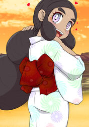  absurdres alternate_costume aor_saiun back_bow black_hair blush bow bright_pupils cloud commentary_request cowboy_shot dark-skinned_female dark_skin female forehead from_behind hands_up happy hapu_(pokemon) heart highres japanese_clothes kimono light_blush long_hair long_sleeves looking_at_viewer looking_back nape open_mouth orange_background orange_sky outdoors partial_commentary pokemon pokemon_sm purple_eyes red_bow sidelocks sky smile solo standing sunset teeth textless_version tongue white_kimono white_pupils wide_sleeves 