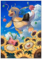  :d bag black_bag border brown_eyes claws cloud commentary_request day dragonite flower flying highres hoppip kikuyoshi_(tracco) looking_down no_humans open_mouth outdoors pokemon pokemon_(creature) shoulder_bag signature skiploom sky smile sunflora sunflower tongue white_border yellow_eyes yellow_flower 