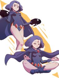  belt boots breasts cape colored_skin dc_comics english_commentary female forehead_jewel grey_skin highres indian_style leotard looking_at_viewer medium_breasts nail_polish purple_eyes purple_hair raven_(dc) short_hair sitting sleeved_leotard teen_titans thejg thighs umbrakinesis 