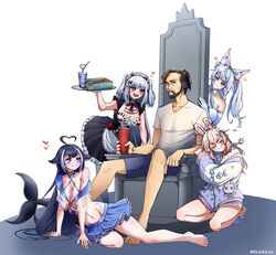  1boy 4girls :d absurdres ahoge animal_ear_fluff animal_ears animal_slippers apron arm_support artist_name asmongold barefoot bath_water_(meme) beard belt_collar bikini bikini_under_clothes black_hair black_skirt blue_bikini blue_collar blue_shorts blue_skirt body_markings breasts cetacean_tail cleavage cleavage_cutout closed_eyes clothing_cutout collar collarbone commentary cup disposable_cup elbow_gloves english_commentary facial_hair facial_mark fins fish_tail full_body gloves hair_ornament hand_up headphones heart heart_ahoge heart_hair_ornament highres holding holding_tray indie_virtual_youtuber kirsche_verstahl kkairaaa kneeling large_breasts long_hair looking_at_another looking_at_viewer lucy_pyre maid_headdress meme moustache multicolored_hair multiple_girls navel orca_girl pajamas phase_connect pink_hair pink_pajamas pipkin_pippa pipkin_pippa_(1st_costume) purple_eyes rabbit_ears rabbit_girl rabbit_hair_ornament rabbit_ornament real_life red_eyes see-through see-through_shirt shirt shorts shylily shylily_(1st_costume) sidelocks simple_background sitting skirt slippers smile streaked_hair swimsuit tail thighs throne toes tray twintails twitter_username virtual_youtuber wendy&#039;s white_background white_gloves white_hair white_shirt 