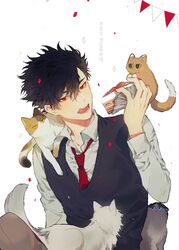  1boy :p black_hair cake cake_slice collared_shirt feline food haikyuu!! hair_between_eyes highres holding holding_food korean_commentary kuroo_tetsurou licking_lips looking_at_viewer male_focus mgmg_1012 necktie red_eyes school_uniform shirt short_hair sweater_vest tongue tongue_out white_shirt 