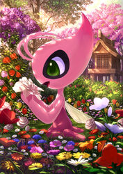  alternate_color antennae celebi commentary daisy day flower flower_request green_eyes highres holding holding_flower karamimame light_rays looking_at_object mushroom no_humans open_mouth outdoors pink_flower pink_rose pokemon pokemon_(creature) red_flower red_rose rose rose_bush shiny_pokemon shrine sitting solo tree tulip wariza 