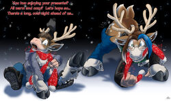  2020 2_tails absurd_res all_fours antlers bottomwear brown_body brown_fur calvin_(werenimal) catmonkshiro christmas clothing corey deer digital_media_(artwork) duo english_text expansion eyewear feet foot_expansion fur glasses grey_eyes heterochromia hi_res holidays hooves horn mammal multi_tail new_world_deer open_mouth pants reindeer resisting sitting snow species_transformation tail text torn_bottomwear torn_clothing torn_pants torn_shoes transformation transformative_clothing werenimal 