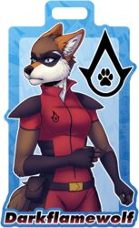  absurd_res anthro assassin&#039;s_creed badge belt belt_buckle bodysuit buckle canid canine canis clothing con_badge fan_character female hero hi_res legend_of_ahya mammal masahikoko mask murana_wolford_(darkflame-wolf) pouch_(anatomy) pouch_purse skinsuit solo suit suit_symbol symbol tight_clothing ubisoft wolf 