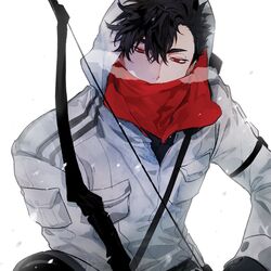  1boy black_hair bow_(weapon) breath coat fur_trim gloves haikyuu!! hair_between_eyes highres holding holding_bow_(weapon) holding_weapon hood hood_up korean_commentary kuroo_tetsurou looking_to_the_side male_focus mgmg_1012 outdoors red_eyes scarf solo weapon winter winter_clothes winter_coat 