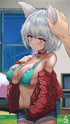  absurdres bare_shoulders bell belt breasts cat_girl cleavage closed_mouth collar commentary_request curled_fingers denim female grey_hair hand_in_pocket hand_on_own_chest headpat heart heart-shaped_pupils highres hypnosis indoors jingle_bell large_breasts looking_at_viewer mind_control navel night night_sky oerba_yun_fang off_shoulder original short_shorts shorts sky solo star_(sky) starry_sky swimsuit symbol-shaped_pupils t3x 