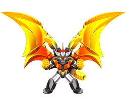  absurdres chibi clenched_hands commission glowing glowing_eyes glowing_hands heyzan highres mazinger_(series) mazinger_z_(mecha) mecha mechanical_wings no_humans robot shin_mazinger_shougeki!_z-hen solo straight-on super_robot white_background wings yellow_eyes 