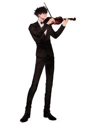  1boy absurdres black_hair black_jacket black_pants bow bow_(music) bowtie formal full_body haikyuu!! hair_between_eyes highres holding holding_instrument holding_violin instrument jacket korean_commentary kuroo_tetsurou long_sleeves looking_to_the_side male_focus mgmg_1012 music necktie pants playing_instrument shirt short_hair simple_background solo standing suit tuxedo violin white_shirt 