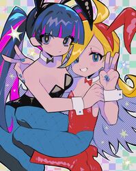  2girls absurdres ahoge animal_ears arm_around_shoulder armpit_crease black_bow black_bowtie black_leotard blonde_hair blue_eyes blue_hair blue_nails blush_stickers boots bow bowtie breasts checkered_background cleavage colored_inner_hair dot_nose double_v english_commentary eyeshadow fishnet_pantyhose fishnets grizzace hand_on_another&#039;s_shoulder highres knee_boots leotard long_hair looking_at_viewer makeup multicolored_hair multiple_girls panty_&amp;_stocking_with_garterbelt panty_(psg) pantyhose pink_eyeshadow playboy_bunny rabbit_ears red_bow red_bowtie red_footwear red_leotard siblings single_blush_sticker sisters smile star_(symbol) stocking_(psg) sweatdrop swept_bangs twintails two-tone_hair v very_long_hair wrist_cuffs 