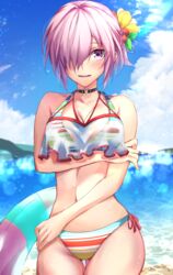  bare_shoulders bikini breasts cleavage collarbone day fate/grand_order fate_(series) female hair_over_one_eye herigaru_(fvgyvr000) highres large_breasts light_purple_hair looking_at_viewer mash_kyrielight mash_kyrielight_(swimsuit_of_perpetual_summer_ver.02) multicolored_bikini multicolored_clothes navel official_alternate_costume outdoors purple_eyes rainbow_bikini see-through short_hair solo striped_bikini striped_clothes swimsuit thighs 