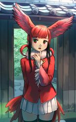  architecture bird_tail black_hair blunt_bangs commentary_request cowboy_shot east_asian_architecture female finger_to_mouth fur_collar gradient_hair head_wings highres jacket kemono_friends long_sleeves looking_at_viewer multicolored_hair open_door open_mouth pleated_skirt red_eyes red_hair red_jacket scarlet_ibis_(kemono_friends) sidelocks signature skirt solo tail thigh_gap thighhighs two_side_up welt_(kinsei_koutenkyoku) white_skirt wide_sleeves wings zettai_ryouiki 