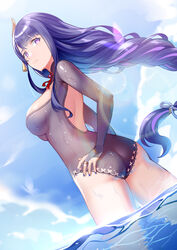  2r-_(pixiv8168114) absurdres braid breasts bridal_gauntlets closed_mouth cloud cloudy_sky commentary_request day dutch_angle female from_behind genshin_impact hair_ornament highres lace-trimmed_swimsuit lace_trim long_hair looking_back medium_breasts mole mole_under_eye outdoors purple_eyes purple_hair purple_nails raiden_shogun sky solo swimsuit tassel water 