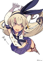  anchor anchor_hair_ornament arms_up bad_id bad_pixiv_id black_hairband black_panties blonde_hair crop_top elbow_gloves female flat_chest from_above fujiyama_ichiha gloves grey_eyes hair_between_eyes hair_ornament hairband highleg highleg_panties highres kantai_collection long_hair looking_at_viewer looking_up microskirt midriff miniskirt navel open_mouth panties sailor_collar school_uniform serafuku shimakaze_(kancolle) skirt smile solo sparkle striped_clothes striped_thighhighs thighhighs twitter_username underwear white_gloves 