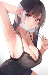  arm_behind_head arm_up armpits black_hair black_nightgown breasts cleavage closed_mouth commentary_request female hair_behind_ear highres huge_breasts inushima long_hair looking_at_viewer mask mask_around_one_ear mask_pull mole mole_under_mouth mouth_mask nightgown original removing_mask simple_background smile solo surgical_mask veins veiny_breasts white_background 