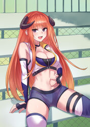  :d arknights arm_support bad_id bad_pixiv_id bagpipe_(arknights) bagpipe_(queen_no._1)_(arknights) bare_shoulders beruko14 black_gloves bleachers blunt_bangs blush breasts bridal_garter chain-link_fence cleavage clothing_cutout commentary_request cowboy_shot crop_top detached_sleeves dragon_horns female fence fingerless_gloves gloves grey_shorts groin highres horns korean_commentary large_breasts long_hair looking_at_viewer midriff navel official_alternate_costume open_mouth orange_hair purple_eyes race_queen shadow short_shorts shorts sidelocks sitting skindentation smile solo spread_navel teeth thighhighs underbust upper_teeth_only very_long_hair vest white_vest zipper zipper_pull_tab 