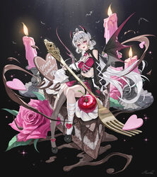  :d absurdres antenna_hair bandaged_leg bandages cake cake_slice candle crop_top demon_horns demon_wings earrings female flower food fork full_body giant_fork grey_hair hair_ornament heart heart_antenna_hair heart_earrings heartki high_heels highres holding holding_fork horns jewelry long_hair looking_at_viewer multicolored_nails original oversized_food oversized_object pink_flower pink_rose red_eyes rose single_thighhigh sitting smile solo thighhighs torn_clothes torn_thighhighs very_long_hair wings x_hair_ornament 