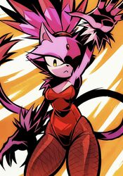  animal_ears arm_up blaze_the_cat cat_ears cat_girl cat_tail female fishnets forehead_jewel fur-trimmed_gloves fur_trim furry furry_female gloves highres hoodedmask leotard purple_fur red_leotard sonic_(series) tail topknot white_gloves yellow_eyes 