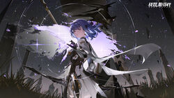  1other alisa:_echo_(punishing:_gray_raven) alisa_(punishing:_gray_raven) blue_hair bodysuit bow_(weapon) cecilie_(pgr) copyright_name earrings female highres holding holding_bow_(weapon) holding_weapon jewelry logo night night_sky official_art outdoors punishing:_gray_raven purple_eyes robot second-party_source sky star_(sky) starry_sky weapon 