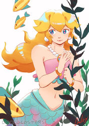  artist_name blonde_hair bracelet doodledstars earrings female fish highres jewelry long_hair mario_(series) mermaid mermaid_costume mermaid_peach monster_girl navel necklace official_alternate_costume pearl_necklace princess_peach princess_peach:_showtime! scales seaweed signature simple_background sphere_earrings white_background 