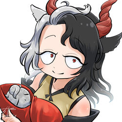  animal_ears bare_shoulders black_hair chamaji cow_ears female haori holding horns japanese_clothes looking_at_viewer lowres multicolored_hair profile_picture red_eyes red_horns signature sleeveless smile solo split-color_hair statue touhou two-tone_hair upper_body ushizaki_urumi white_background white_hair 