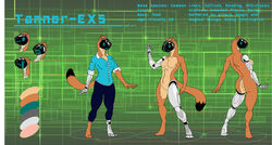  anthro blue_bottomwear blue_clothing blue_pants blue_shirt blue_topwear bottomwear breasts brown_body brown_fur chest_tuft clothing collared_shirt color_swatch cybernetic_arm cybernetic_limb d4nt3_fr05t dipstick_tail english_text featureless_breasts featureless_crotch female fur hi_res mammal markings model_sheet multicolored_tail mustelid musteline pants prosthetic prosthetic_arm prosthetic_limb robotic_leg screen screen_face shirt solo stoat tail tail_markings tanner-ex5 text topwear true_musteline tuft weasel 