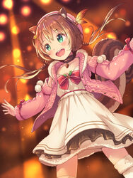  acorn aki_(akisora_hiyori) animal_ears ayunda_risu ayunda_risu_(1st_costume) bow breasts brown_choker brown_hair choker clothing_cutout collarbone dress female fur_choker green_eyes highres hololive hololive_indonesia hood hoodie lens_flare low_twintails medium_breasts open_hands open_mouth pink_hoodie red_bow shoulder_cutout smile solo squirrel_ears squirrel_girl squirrel_tail tail thighhighs twintails virtual_youtuber white_dress 