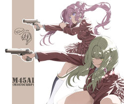  3girls :&gt; aiming backlighting between_legs black_socks blazer blonde_hair blue_socks brown_background chibi chibi_inset colored_eyelashes commentary_request dated english_text eyelashes feet_out_of_frame floating_hair green_hair gun hand_between_legs hand_on_own_arm handgun head_only highres holding holding_gun holding_weapon ii-chan_(matsumoto_tomoki) jacket kneehighs leaning_forward long_hair long_sleeves looking_afar low_twintails m1911 m45_meusoc matsumoto_tomoki multiple_girls neeko_(matsumoto_tomoki) notice_lines original outstretched_arm photoshop_(medium) pink_hair plaid plaid_skirt pleated_skirt purple_eyes red_jacket red_skirt school_uniform scrunchie shirt signature simple_background skirt socks squatting standing trigger_discipline twintails two-tone_background very_long_hair weapon weapon_name white_background white_shirt yellow_eyes 