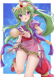  absurdres alternate_eye_color dress female fire_emblem fire_emblem:_mystery_of_the_emblem green_hair hair_ornament hako_momiji highres jewelry lolicon long_hair open_mouth pink_dress pointy_ears ponytail purple_eyes scarf short_dress side_slit simple_background solo tiara tiki_(fire_emblem) tiki_(young)_(fire_emblem) 