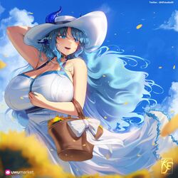  absurdres animal_ears arm_up bare_shoulders basket blue_eyes blue_hair blue_horns blue_pupils blurry breasts bright_pupils cleavage cloud cloudy_sky commentary commission cow_ears cow_girl depth_of_field dress english_commentary female flower hat highres holding holding_basket horn_ornament horn_ring horns horns_through_headwear huge_breasts indie_virtual_youtuber knightfang long_hair miilkywayz mole mole_under_mouth open_mouth petals plump signature sky smile solo star-shaped_pupils star_(symbol) sun_hat sundress sunflower symbol-shaped_pupils twitter_username very_long_hair virtual_youtuber 