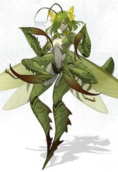  antennae arthropod_girl arthropod_limbs artist_name breasts carapace colored_sclera colored_skin colored_tongue commentary_request extra_arms female full_body green_hair green_sclera green_skin hair_over_eyes highres insect_wings looking_at_viewer mandibles mantis_girl medium_hair monster_girl multicolored_skin original praying_mantis ruteko_(ruko220) shadow simple_background tongue tongue_out twitter_username white_background wings yellow_eyes yellow_tongue 