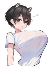  absurdres animal_ears black_hair blue_archive blush breasts cleavage commentary cropped_arms cropped_torso female fluffyebi01 grey_eyes hair_between_eyes heart highres huge_breasts leaning_back looking_at_viewer puckered_lips see-through see-through_cleavage see-through_shirt shirt short_hair short_sleeves simple_background solo spoken_heart tareme taut_clothes taut_shirt tsubaki_(blue_archive) upper_body white_background white_shirt 