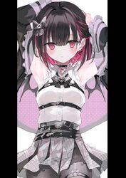  absurdres arm_up armpits bare_shoulders black_hair blush bow bow_print breasts buttons choker closed_mouth detached_sleeves earrings fake_wings female frills highres indie_virtual_youtuber jacket jewelry long_sleeves looking_at_viewer mini_wings multicolored_hair nanananana pantyhose pillarboxed pink_eyes pink_hair rikotan_(vtuber) scan shiny_clothes short_hair simple_background single_earring skirt small_breasts solo sweat sweatdrop two-tone_hair virtual_youtuber wings 