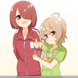  2girls :d ahoge arms_behind_back blush bowl breasts brown_eyes brown_hair closed_mouth commentary drawstring green_hoodie hair_over_one_eye highres holding holding_bowl holding_whisk hood hoodie hoshino_miyako_(wataten) jacket konomori_kanon light_brown_hair long_sleeves looking_at_another looking_at_object manse mixing mixing_bowl multiple_girls one_eye_covered open_mouth red_jacket red_track_suit short_hair short_sleeves simple_background smile sweatdrop track_jacket track_suit upper_body watashi_ni_tenshi_ga_maiorita! whisk whisking white_background zipper_pull_tab 