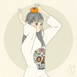  awai880 black_eyes blush bright_pupils circle commentary_request female food food_on_head fruit fruit_on_head grey_hair long_hair long_sleeves object_on_head orange_(fruit) original print_shirt shirt signature solo white_pupils white_shirt 