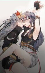  2girls absurdres armpits arms_up artist_logo asymmetrical_gloves black_jacket blue_eyes blush breasts dual_persona fingerless_gloves fu_hua fu_hua_(herrscher_of_sentience) fu_hua_(night_squire) fu_hua_(rustic_noir) gloves grey_hair grin hair_between_eyes highres honkai_(series) honkai_impact_3rd jacket kazuya_(kozun) long_hair mismatched_gloves multiple_girls official_alternate_costume parted_lips red_eyes restrained selfcest shorts sidelocks smile teeth thigh_grab vambraces yuri 