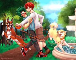  all_fours alternate_species canid canine canis clothed clothing collar detailed_background domestic_dog eijiro_kirishima facial_scar feral fully_clothed furrification group hi_res human izuku_midoriya katsuki_bakugou leash leashed_collar male male/male mammal my_hero_academia outside park paws plant pretty_werewolf scar todoroki_shouto tree 