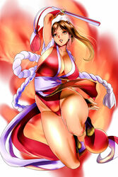  arm_up breasts brown_eyes brown_hair cleavage fatal_fury female fire folded_fan folding_fan hand_fan highres holding holding_fan japanese_clothes judge_(oekaki) large_breasts legs_together long_hair pelvic_curtain ponytail revealing_clothes rope shiranui_mai solo the_king_of_fighters thick_thighs thighs white_background 