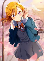  absurdres blue_jacket blush closed_mouth collared_shirt commentary_request cowboy_shot dress female grey_dress hands_up headphones headphones_around_neck highres jacket love_live! love_live!_superstar!! medium_hair neck_ribbon open_clothes open_jacket orange_hair pinafore_dress purple_eyes ranemu red_ribbon ribbon school_uniform shibuya_kanon shirt short_dress sleeveless sleeveless_dress smile solo white_shirt yuigaoka_school_uniform 