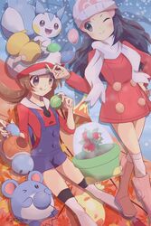  2girls 343rone :q absurdres beanie berry_(pokemon) black_hair blue_overalls blush boots brown_eyes brown_hair cabbie_hat closed_mouth coat commentary_request dawn_(pokemon) eyelashes hair_ornament hairclip hand_on_own_hip hand_up hat highres holding leppa_berry long_hair long_sleeves lum_berry lyra_(pokemon) marill multiple_girls one_eye_closed over-kneehighs overalls pachirisu pink_footwear poffin pokemon pokemon_(creature) pokemon_dppt pokemon_hgss pokemon_platinum psyduck red_coat red_footwear red_shirt scarf shirt shoes smile sprayduck squirtle themed_object thighhighs tongue tongue_out twintails watering_can white_headwear white_legwear white_scarf 