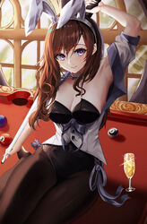  absurdres alcohol animal_ears arm_up armpits bad_id bad_pixiv_id ball billiard_ball black_leotard black_pantyhose blush breasts brown_hair cleavage collarbone cue_stick cup cup6542 drinking_glass fake_animal_ears female highres holding_cue_stick leotard long_hair looking_at_viewer medium_breasts nail_polish original pantyhose photoshop_(medium) playboy_bunny pool_table purple_eyes rabbit_ears short_sleeves side-tie_leotard sitting sitting_on_table smile solo table window wine wine_glass 