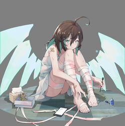  absurdres ahoge applying_pedicure aqua_eyes aqua_hair aqua_nails bandaged_ankle bandaged_leg bandages bandaid bandaid_on_arm bare_shoulders barefoot blood blood_on_bandages blood_stain bottle bronya_zaychik brown_hair cellphone character_doll chinese_commentary commentary cuts dress dripping energy_wings feet female fingernails full_body glowing glowing_wings grey_background highres honkai_(series) honkai_impact_3rd injury knees_to_chest looking_at_viewer medium_hair multicolored_hair nail nail_polish nail_polish_bottle painting_toenails phone photoshop_(medium) short_dress simple_background sitting smartphone solo strapless strapless_dress straw_doll tissue tissue_box toenail_polish toenails two-tone_hair voodoo_doll wendy_(honkai_impact) white_dress wings zkqp 