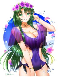  adjusting_hair alternate_costume breasts bubble cecilia_(fire_emblem) cleavage clothing_cutout collar collarbone covered_navel cropped_legs female fire_emblem fire_emblem:_the_binding_blade green_eyes green_hair grin hand_in_own_hair highres large_breasts long_hair looking_at_viewer one-piece_swimsuit purple_one-piece_swimsuit side_cutout smile solo swimsuit tsukimura_(d24f4z8j3t) twitter_username very_long_hair white_background 