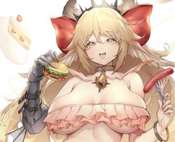  animal_ears armor blonde_hair bow breasts cake choker cleavage clover_theater cropped food fruit headband horns long_hair oerba_yun_fang shanyao_jiang_tororo strawberry tagme_(character) underboob wristwear yellow_eyes 