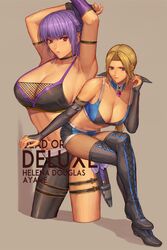  2girls alternate_costume armband armpits arms_up ayane_(doa) blonde_hair blue_eyes boots breasts character_name choker cleavage collarbone commentary_request dead_or_alive dead_or_alive_6 english_text fishnet_top fishnets gloves headband helena_douglas ibanen invisible_chair knife multiple_girls navel pants purple_hair red_eyes red_hair short_hair shorts sitting smile thigh_boots thigh_strap thighhighs throwing_knife toned weapon wrestling_outfit 