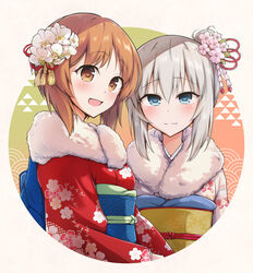  2girls alternate_hairstyle blue_eyes blush brown_eyes brown_hair circle closed_mouth commentary floral_print flower fur_scarf furisode girls_und_panzer grey_hair hair_bun hair_up hatsumoude itsumi_erika japanese_clothes kimono long_sleeves looking_at_viewer multiple_girls nagomiya_(shousha) new_year nishizumi_miho obi open_mouth outside_border pink_flower print_kimono red_kimono sash scarf seigaiha short_hair sidelocks single_side_bun smile uroko_(pattern) white_flower white_kimono white_scarf 