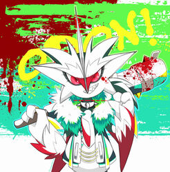  3_fingers arm_blades blood blood_on_face blood_on_weapon blood_splatter bodily_fluids chest_horn clothing club_(weapon) collar death_threat exclamation_point eyeshadow fingers fur fur_clothing gallade generation_4_pokemon generation_8_pokemon gesture graffiti half-length_portrait head_crest holding_object holding_weapon hoodie humanoid hybrid hybrid_pokemon jacket looking_at_viewer makeup male melee_weapon motion_lines nintendo obstagoon odon_(sirgallade) paint pokemon pokemon_(species) portrait red_body red_eyes red_fur ring_(jewelry) sharp_teeth shiroganeryo_(artist) solo spiked_club spiked_collar spikes spikes_(anatomy) spray_paint teeth threatening threatening_viewer throat_slash topwear weapon weapon_on_shoulder white_body 