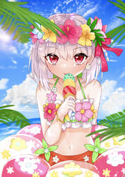  absurdres bare_shoulders beach bikini blue_sky blush breasts collarbone day fate/grand_order fate_(series) female flower_wreath food green_bikini hair_ribbon head_wreath highres ice_cream ice_cream_cone innertube kama_(fate) kama_(swimsuit_avenger)_(fate) kama_(swimsuit_avenger)_(first_ascension)_(fate) licking looking_at_viewer miniskirt naonaoko outdoors rainbow_skirt red_eyes ribbon short_hair skirt sky small_breasts solo swim_ring swimsuit white_hair 